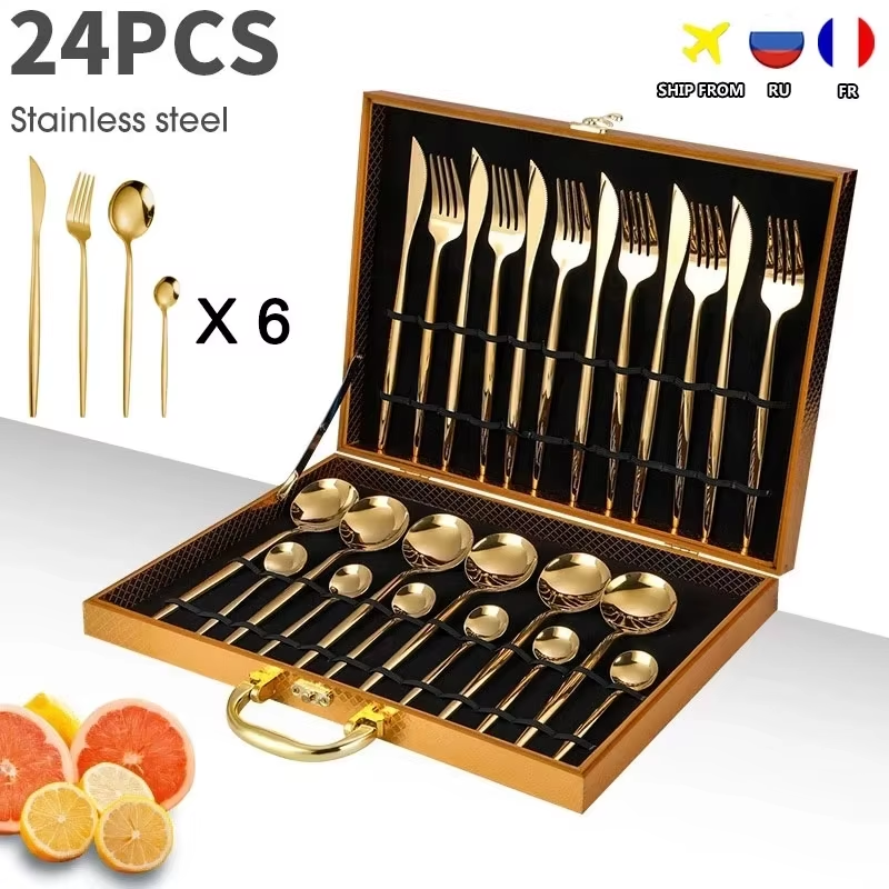 24-Piece Gold Stainless Steel Flatware Set – Luxury Cutlery Set with Knives, Forks, Spoons & Teaspoons for 6