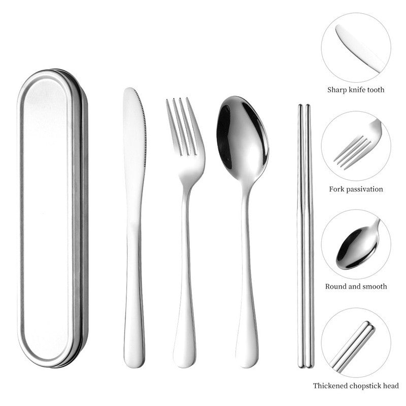 Portable 304 Stainless Steel Travel Cutlery Set with Case – Reusable Spoon, Fork, Knife & Chopsticks for Office, School, Camping & Lunch Box