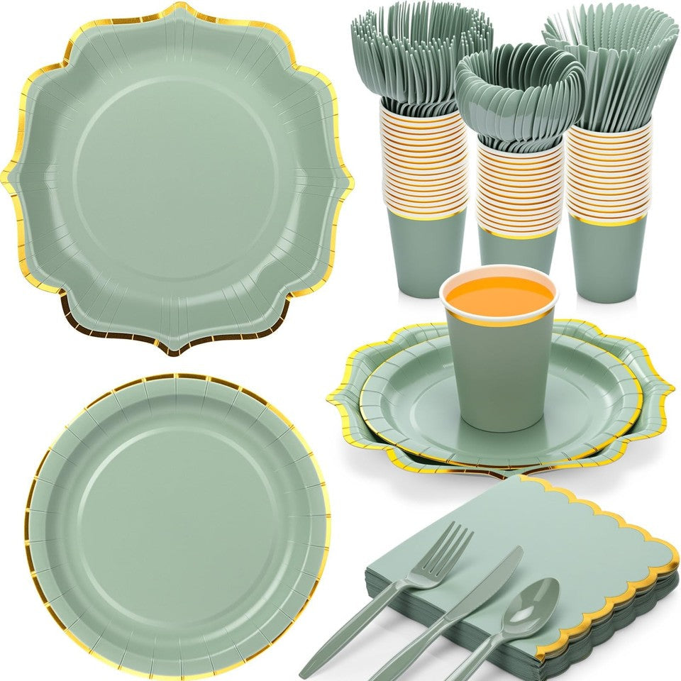 50-Guest Sage Green & Gold Disposable Party Dinnerware Set – Premium Paper Plates, Cups, Napkins & Cutlery