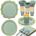 50-Guest Sage Green & Gold Disposable Party Dinnerware Set – Premium Paper Plates, Cups, Napkins & Cutlery