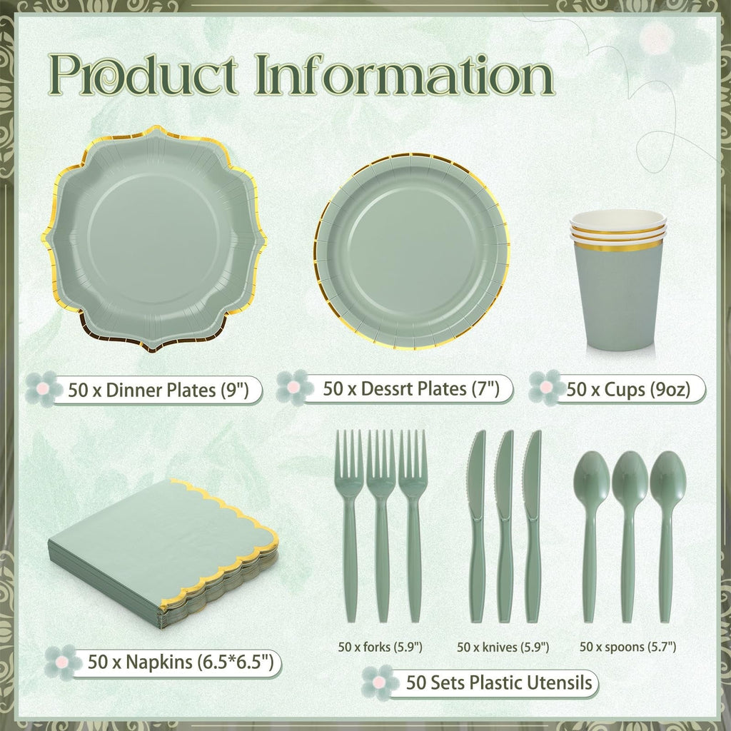 50-Guest Sage Green & Gold Disposable Party Dinnerware Set – Premium Paper Plates, Cups, Napkins & Cutlery