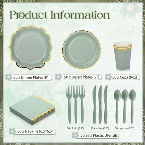 50-Guest Sage Green & Gold Disposable Party Dinnerware Set – Premium Paper Plates, Cups, Napkins & Cutlery