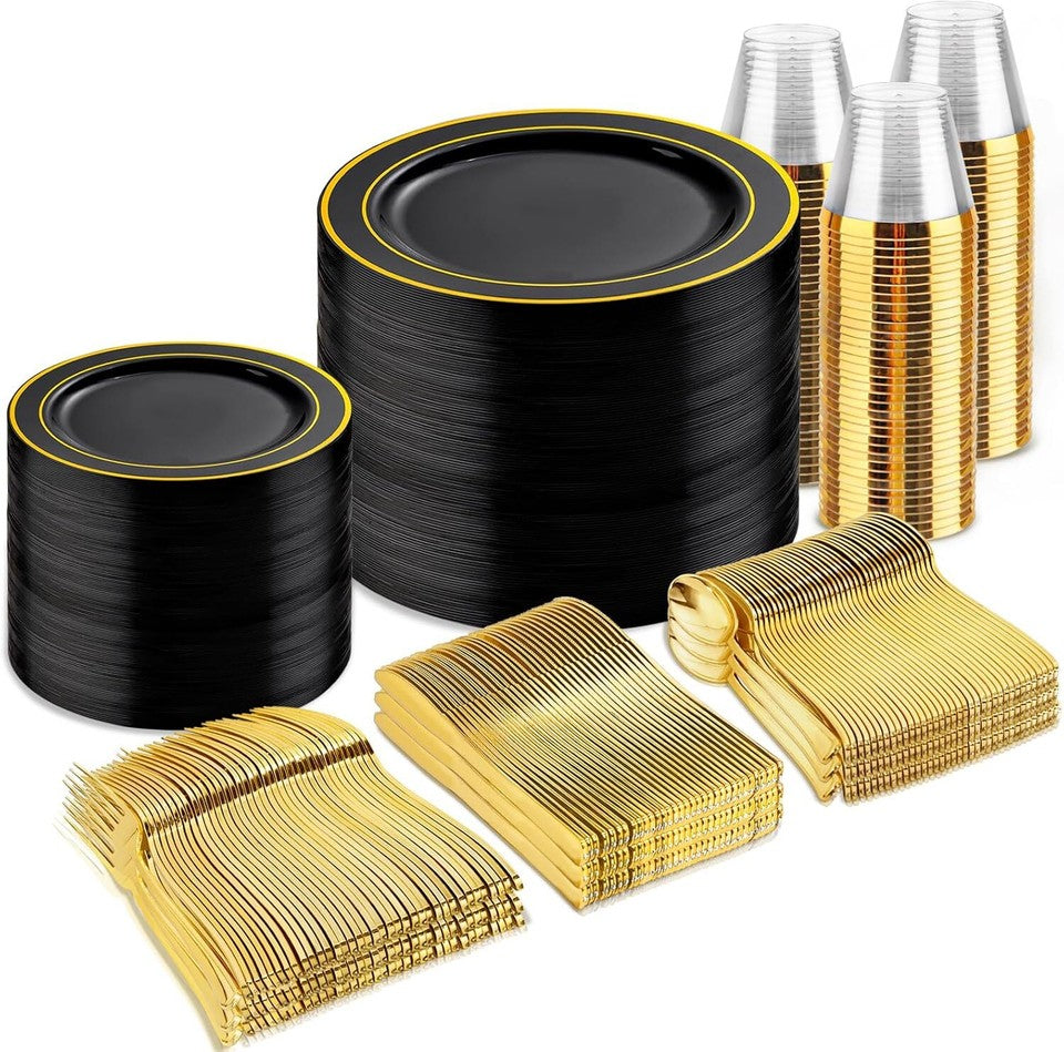 175-Piece Black & Gold Disposable Party Dinnerware Set – Premium Plastic Plates, Cups & Gold Cutlery for Weddings, Birthdays & Special Events