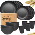 30-Piece Wheat Straw Dinnerware Set – Reusable Plates, Bowls & Cups for 6, Lightweight BPA-Free Kitchen Dining Set, Microwave & Dishwasher Safe