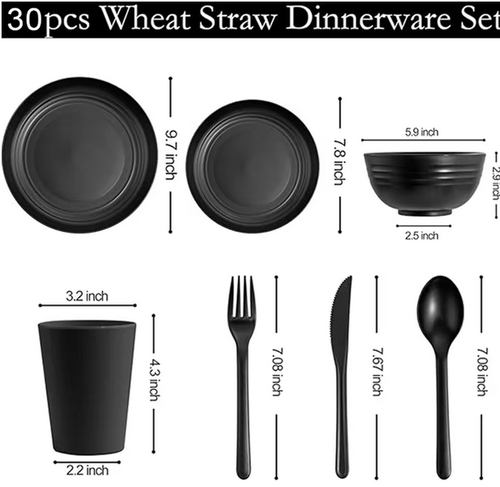 30-Piece Wheat Straw Dinnerware Set – Reusable Plates, Bowls & Cups for 6, Lightweight BPA-Free Kitchen Dining Set, Microwave & Dishwasher Safe